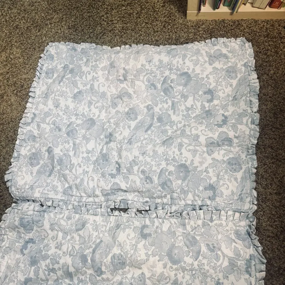 2 SFERRA Italy Pillow Shams Birds Blue floral linen cotton cottage shabby chic